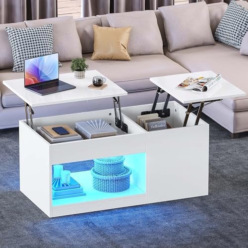 YITAHOME Lift Top Coffee Table with Hidden Storage Compartment, High Glossy Coffee Tables with RGB LED String for Living Room, Modern White Coffee Table with Storage 100X50X45CM, Bearing 50KG