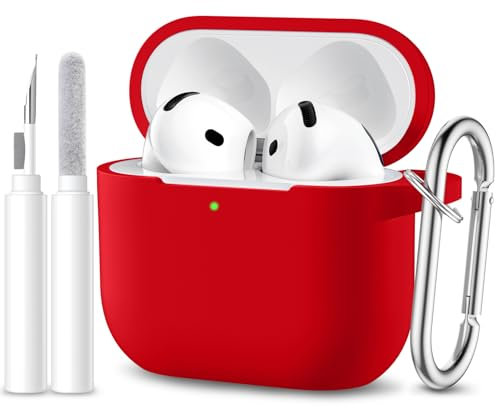 Maledan Compatible with AirPods 4 Case 2024 Case, Full Body Soft Silicone Protective Case for Apple AirPods 4 Generation with Cleaning Kit and Carabiner [LED Visible], Red