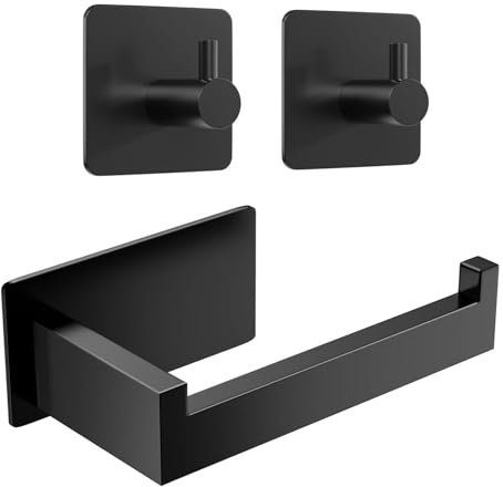YUNISS Porte Papier Toilette, Acier Inoxydable Support Papier Toilette Mural, 1 Pièces Porte-Papier Hygiénique+2 Pièces Crochet Adhésif 3M, sans Perçage, Anti-Rouille pour Salle De Bain Cuisine -Noir