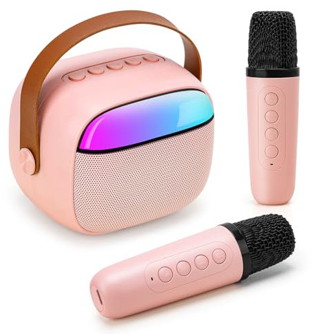 Funsland Karaoke con Microfono Bambini Regalo - Wireless Cassa Bluetooth con 2 Microfono Portatile, con Effetti di Cambio Voce & Luce LED, Regali per Bambini da 3 a 12 Anni Ragazzi e Ragazze, Rosa