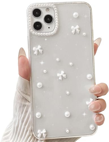NITITOP Kompatibel mit iPhone 11 Pro Hülle Klar Süßes 3D Schleife Niedlich Durchsichtig für Frauen Mädchen Glitzer Muster Perle Design Bling Sparkly Schutzhülle Handyhülle - Weiß