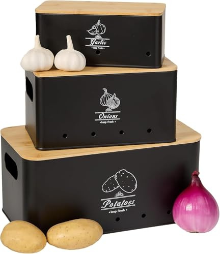 TFUTLT 3 Pack Metal Vegetable Storage,Potato Onion Garlic Storage Set,Kitchen Canisters Vegetable Keeper,Stackable Pantry Organizers with Ventilation Holes and Bamboo Lids