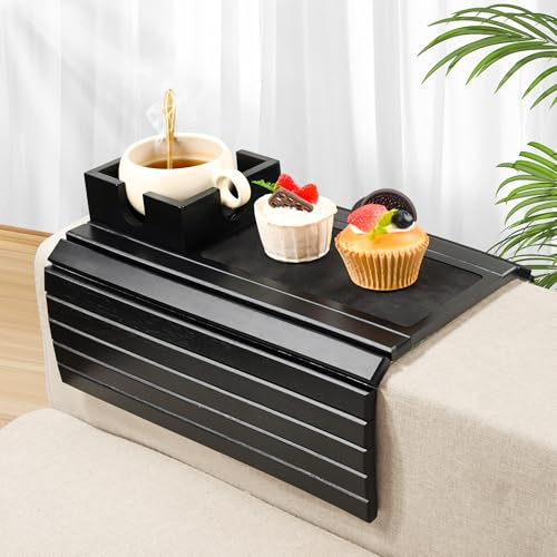 Joy&Grace Sofa-Armlehnentablett mit großem Becherhalter, Bambus-Couch-Armlehnentablett, Rutschfester Couch-Getränkehalter, Faltbarer Sofa-Armlehnentisch zum Essen, Trinken, Handy (Farbe: Schwarz)