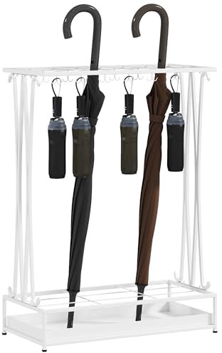 HOMCOM Paragüero Moderno Rectangular Soporte de Paraguas de Acero con 24 Ganchos 21 Espacios y Bandeja Recogegotas Extraíble Paragüero para Entrada Oficina 50x24x68 cm Blanco