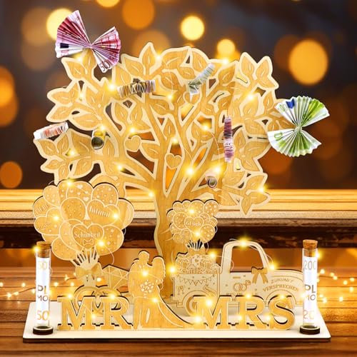 FTUREERA Regalo di denaro per matrimonio, regalo di nozze per coppia di sposi, albero dei soldi in legno, regalo di nozze, soldi con catena luminosa a LED, albero della vita, regalo di denaro