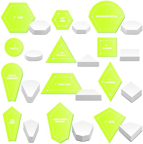 Cinnvoice 612-teiliges Patchwork-Papier-Set, 12 Formen, Acryl-Patchwork-Vorlagen-Set mit 600 Stück Papier zum Nähen, Dresdner Platten, Dreieck, Sechseck, Quiltvorlage (Gelbgrün)