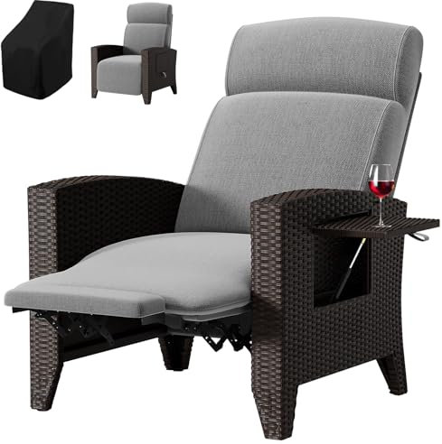 CYHWQ Gartensessel Rattan, Loungesessel Outdoor, Winkel Verstellbar 160°, Integrierter Beistelltisch, Rattansessel mit Abnehmbaren Kissen, Geeignet füR Garten, Pool, Balkon (Schwarz+Grau, 1pack)