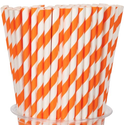 Lot de 100 pailles jetables en papier biodégradables à rayures orange pour anniversaire, carnaval, été, piscine, mariage, fête prénatale, Halloween, fête de Noël