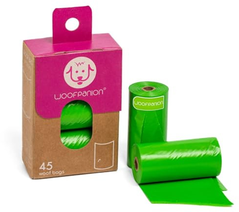 Woofpanion Improved Dog Poop Bags - Extra Strong Leak Proof Waste Bags Made from Recycled Plastic Unscented Refill Rolls for Easy Cleanup 3 rolls | 45 bags