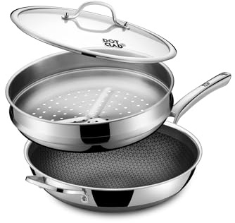DOTCLAD 13 Inch Hybrid Stainless Steel Wok with Lid and Steamer Basket, Non Stick Stir Fry Pan, PFOA-Free, Works on Induction, Dishwasher & Oven Safe