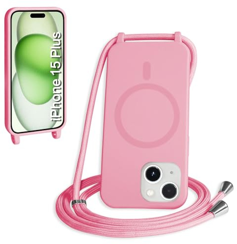 FMPCUON Magnétique Coque avec Cordon pour iPhone 15 Plus, [Compatible avec MagSafe] Etui Collier Réglable Téléphone Étui Portable Lanyard Case Protection Complète Cover,Pink