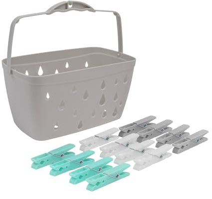 JVL Plastic Peg Basket, Grey with 100 Strong Hold Plastic Pegs, Aqua
