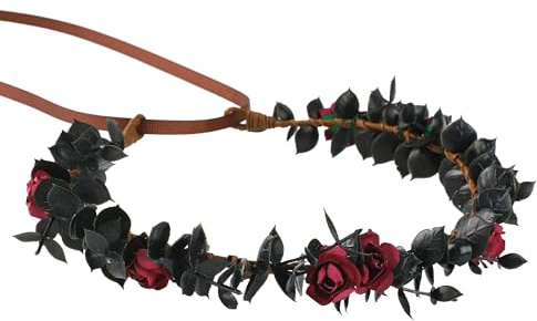 Blumenkranz für Frauen und Mädchen Schwarz Handgemachtes Renaissancekranz Garland Faschingskostüme Karneval Brauthochzeit Kostüm DIY Halloween Accessoires Tiefrotes Rosenblatt