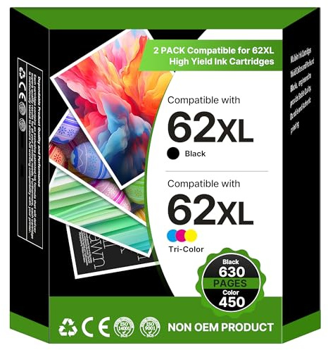 Washope 62XL Druckerpatronen 62 Schwarz und Farbe Ersatz für HP62XL | Ersatz für HP 62 Multipack Patronen für HP Envy 5540 5545 5548 5640 5646 7640 5544 OfficeJet 5740 5742 200 250 (2er-Pack)