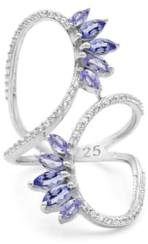 Ring mit Tansanit-Marquiseschliff, offener Stil, weißer Topas, doppeltes Blumendesign, Sterlingsilber, verstellbarer Ring, Geschenk für Damen, Geburtstagsschmuck, 58(18.5),Q1/2, Edelstein, Tansanit
