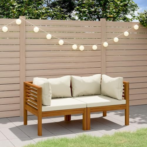 JHQHSM 2-Sitzer-Gartensofa aus massivem Akazienholz mit cremefarbenen Kissen, Outdoor-Loungeset für Terrasse und Garten, modulares Sitzmöbel mit abnehmbaren Polstern,