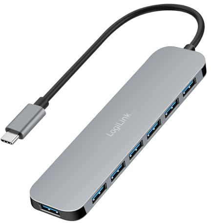LogiLink Ultra-Slim USB-C Hub mit 7-Ports, 5 Gbit/s, inkl. 20W PD (PowerDelivery) Ladegerät, Überstrom, Überspannung, Überlast und Kurzschluss, für Windows/Mac OS/iPad OS/Chrome OS/Android/Linux