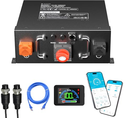 FEENCE Selbsterwärmung 12V 320Ah Untersitz Wohnmobil-Batterie LiFePo4 AKKU, 4096Wh Kapazität -20°C Aufladen lithium batterie wohnmobil,mit eingebautem 250A BMS für Wohnmobile Off-Grid System