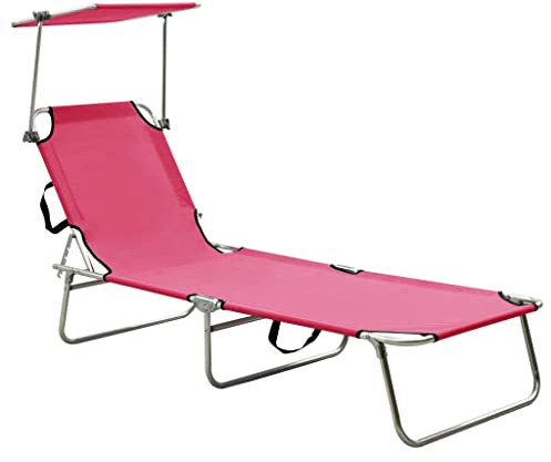 HETFTJN Sedia a sdraio pieghevole con tetto parasole regolabile in acciaio verniciato a polvere, 189 x 58 x 27 cm, facile da piegare, per giardino, balcone, piscina, spiaggia, colore: rosa