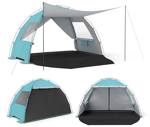 HOMASIS Strandmuschel mit Sonnendach, Strandzelt für 3-4 Personen mit Netzfenstern, 2 Tür & Tragetasche, UV-Schutz 50+, Windschutz, Sonnenzelt für Strand, Camping & Hinterhof (Blau, 260x150x160cm)