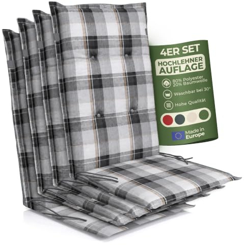 Relexo PREMIUM - Hochlehner Auflage Gartenstuhl Stuhlauflage mit Polster, Outdoor Sitzkissen & Stuhlkissen für Gartenmöbel Auflage wetterfest, Sitzkissen bequem (Grau Kariert, 4er Set)