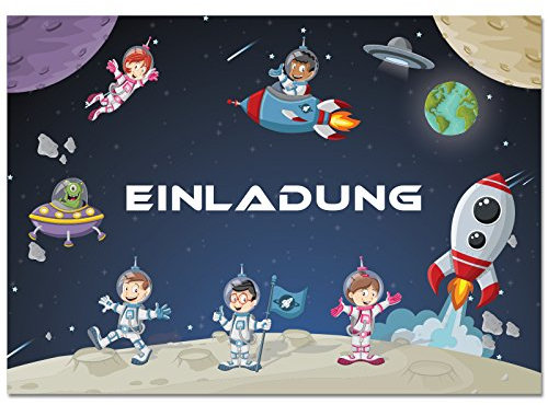 Gepard Solutions 12 Einladungskarten im Set zum Kindergeburtstag mit Motiv Raketen, Weltraum, Raumschiff. Einladungen zum Geburtstag für Jungen und Mädchen