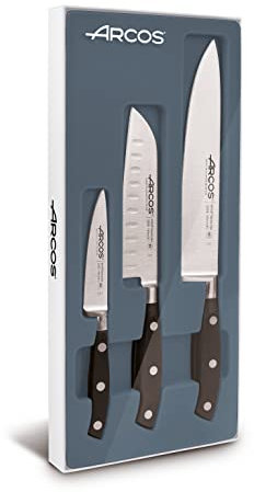 Arcos Küchenmesser Set 3-teilig: Schälmesser + Santoku + Chefmesser. Kochset mit Edelstahlklinge und Griff aus Polyoxymethylen. Riviera Serie. Schwarz