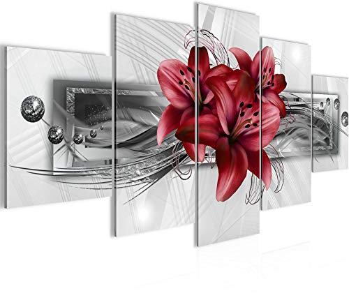 Runa Art Wandbilder Blumen Lilien 5 Teilig Bild auf Vlies Leinwand Deko Wohnzimmer Abstrakt Geschenk Grau Rot 008752c