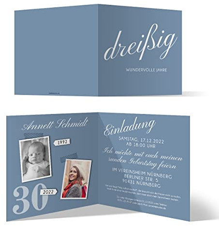 Runder 30. Geburtstag personalisierte Einladungskarten ab 10 bis 100 Stück selbst gestalten - Dreißig wundervolle Jahre - Klappkarte, zwei Fotos, dickes Papier