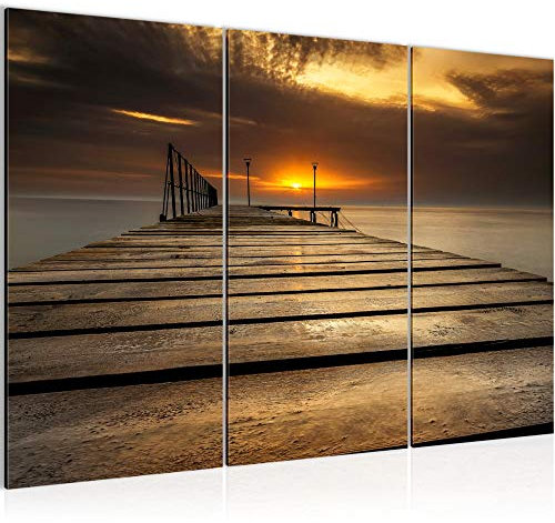 Runa Art Wandbilder Sonnenuntergang Bild XXL Schlafzimmer Wohnzimmer Braun Meer Brücke 120 x 80 cm 3 Teilig 020231a