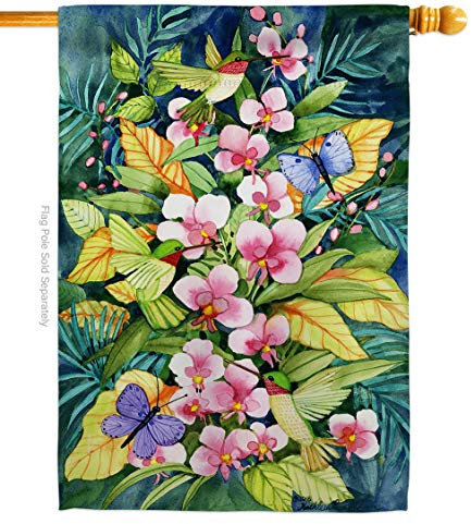 Breeze Decor H105055-BO Orchideen und Kolibris, Gartenfreunde, Vögel, dekorative vertikale Hausflagge, 71,1 x 101,6 cm, mehrfarbig