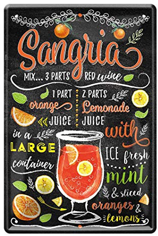 Blechschild Zutaten Rezept Sangria - Retro Deko Schild - Metallschild Cocktail Longdrink Getränk Drink - Dekoration Küche Beach Bar Pub Lounge Kellerbar Partyraum - Geschenk Cocktails Mixen - 20x30cm