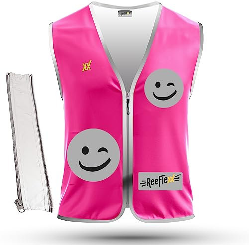 REEFLEXX Coole Kinder Warnwetseweste inkl. Größen-Adapter, reflektierende Warnweste, erhöhte Sichtbarkeit im Straßenverkehr durch Reflektoren, Farben und Muster, Solid Pink Smiley - Größe S