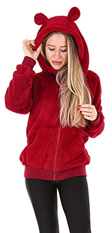 Crazy Age Damen Kapuzenjacke Teddy Fleece Plüschjacke mit Kapuze Casuale Zip Hoodie Cardigan mit Kangrootaschen Kuschelig Weich (Weinrot(2928), XL)