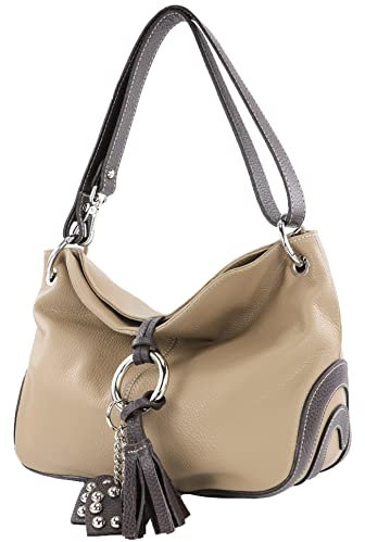 modamoda de - T10 - ital. Schultertasche Umhängetasche aus Leder, Farbe:Graubeige/Dunkelbraun