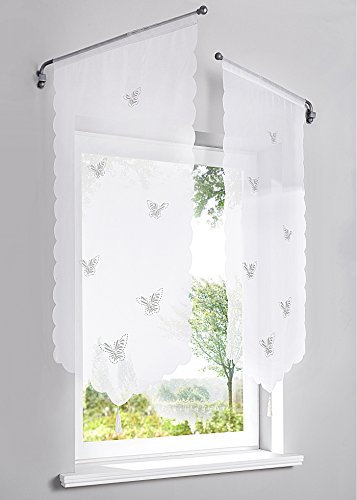 Devola Voile transparent Scheibengardinen mit Lasercut Schmetterlinge Muster mit Quaste Fenster Gardinen Panneaux mit Tunnelzug Gardine HxB 90x40cm Weiß 1er Pack