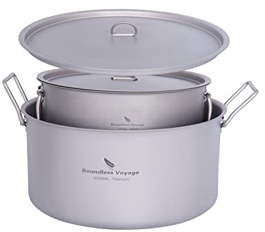 iBasingo 2L & 5L Titan Camping Topf Outdoor Kochgeschirr Indoor Tragbare Suppen Heißer Topf mit Deckel & Klappgriff Leichtes Wandern Picknick Küche Kochgeschirr Große Kapazität Suppentopf fur 6-9 man