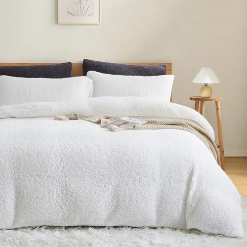 Sedefen Housse de Couette 220x240cm + 2 Taies d'oreiller 65x65cm Polaire Sherpa Hiver Chaude Duveteuse Peluche Flanelle Fille Ado Parure de lit 2 Personnes Blanc Linge Avez Fermeture Éclair