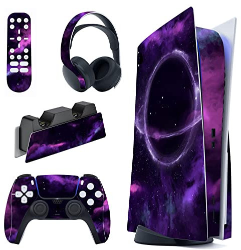 PlayVital Skin Stickers für ps5 Konsole Regular Edition,Aufkleber Vinyl-Skin Stickers Schutzfolie Folie für PS5 Konsole,Controller,Ladestation,Headset,Medienfernbedienung-Lila Deep Space