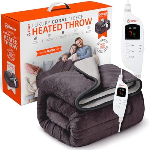 Wärmer Electric Heated Throw Blanket - Double 200cm x 180cm - Digital Controller, 9 Hour Timer, 9 Heat Settings, Auto Shutoff - Machine Washable - Grey