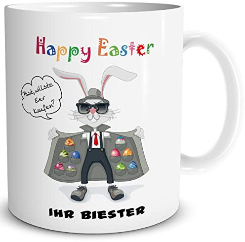 TRIOSK Tasse Frohe Ostern Hasen Ostergeschenke Erwachsene mit Spruch lustig Oster Hase Happy Easter Ostertassen Sprüche Geschenk für Männer, Keramik 300ml