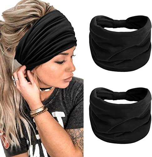 Haarband Damen Extra Breit Stirnband Boho Haarbänder Yoga Knot Stirnbänder Sport Elastische Haarschmuck (Schwarz)