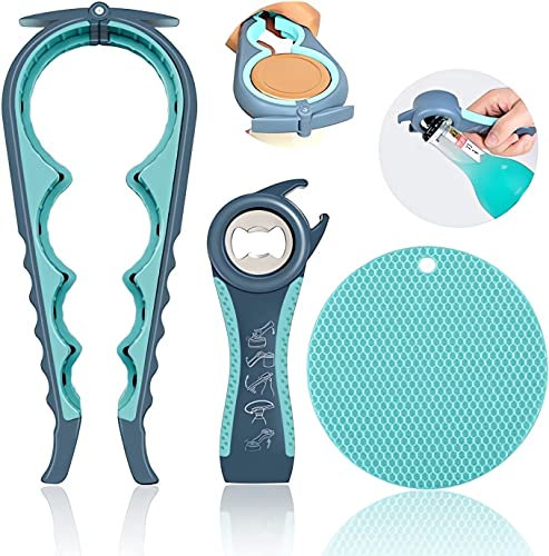 GUOMIS Flaschenöffner 3er-Set, 5 in 1 und 4 in 1, multifunktionaler Glasflaschenöffner, einfach zu bedienen für Kinder, ältere und arthritische Menschen, Silikon-Griffhilfe (blau)