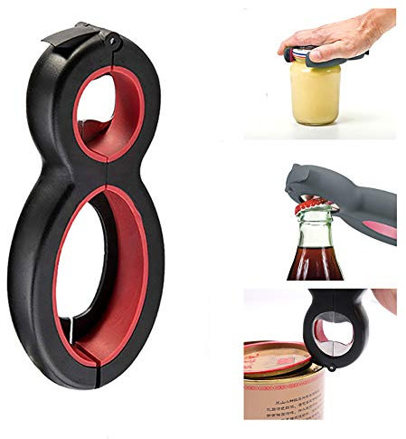SENRN 1PC 6-in-1 Multi Opener, Bottle, Professional Can and Jar Opener, Lid Twist Off, Soda Bottle Cap Opener for Weak Hands Labor-Saving Bottle openerï¼ˆblack redï¼‰