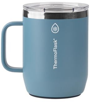 ThermoFlask Drinkware 12 oz Coffee Mug - Mug with Leakproof Push 'N Sip Lid & Handle - Insulated Coffee Cup - Durable, Stainless Steel Beverage Mug - Portable Mug for Coffee & Tea - Dusty Blue