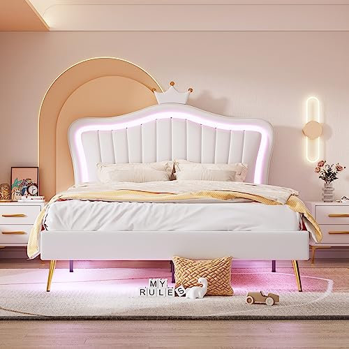 Kinderbett Polsterbet 140 x 200 cm, Bettgestell für Mädchen, weißes Kronen-Doppelbettgestell aus PU-Leder mit LED-Leuchten, Lattenrost und Rückenlehne(Matratze Nicht enthaltet) (Weiß, 140 x 200 cm)