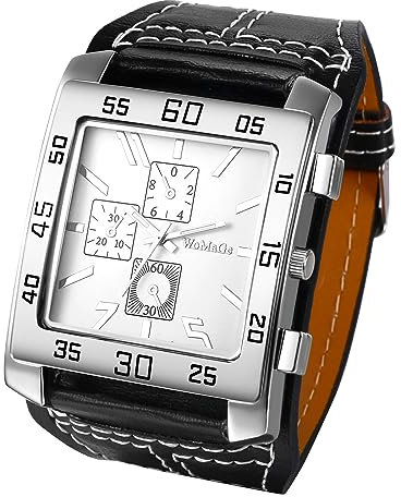 JewelryWe Uhren Herren Leder Quadrat - Retro Punk Analog Quarz Armbanduhr Männer Große Uhr mit Weißem Rechteckigen Zifferblatt und Breit Leder Armband