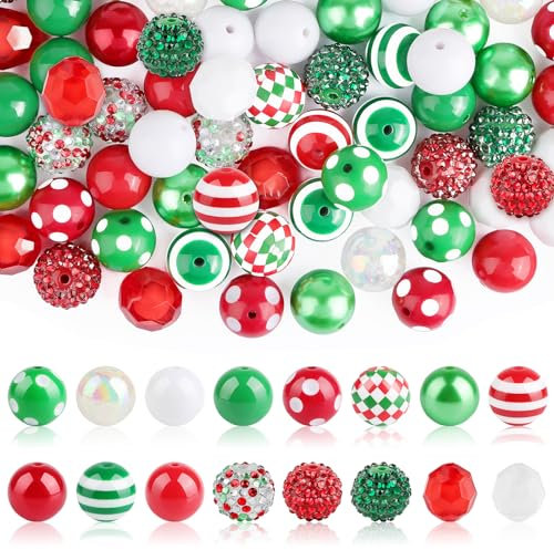 80 Stück Weihnachts-Acryl-Perlen, Kalolary 16 Stile, Weihnachts-Bubblegum-Perlen-Set, grün-rot, grobe Perlen, weihnachtliche bunte Strass-Perlen für Weihnachten, Schmuckherstellung, Weihnachten,