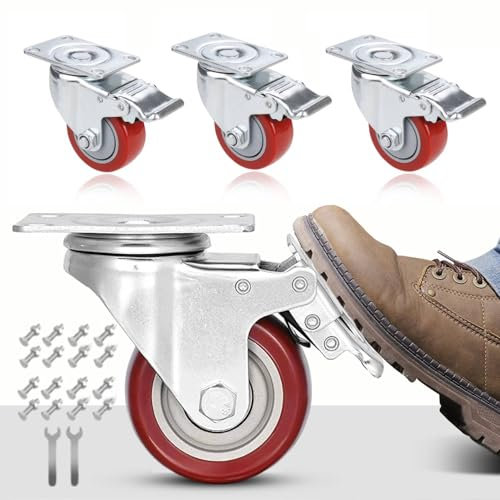 Himimi 4er-Set 75mm Schwerlastrollen mit Bremse, Belastbare Möbelrollen mit 400kg Tragkraft, Rollen 360° drehbare Transportrollen, Rollen Schwerlast, Lenkrollen inklusive Schrauben und Mutter, Rot