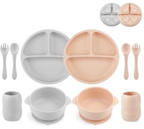 PandaEar Ensemble de Repas Bébé en Silicone | 2 Assiettes Ventouse + 2 Bols Ventouse + 2 Petits Gobelets + 2 Cuillères + 2 Fourchettes | Ustensiles Auto-alimentation (Gris Rose)